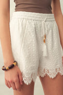 Alani Lace  Panel Beaded Fringe Drawstring Shorts in Tencel Linen