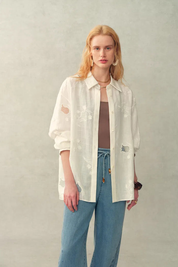 Leona Lily of the Valley Mesh Embroidery Shirt in Linen