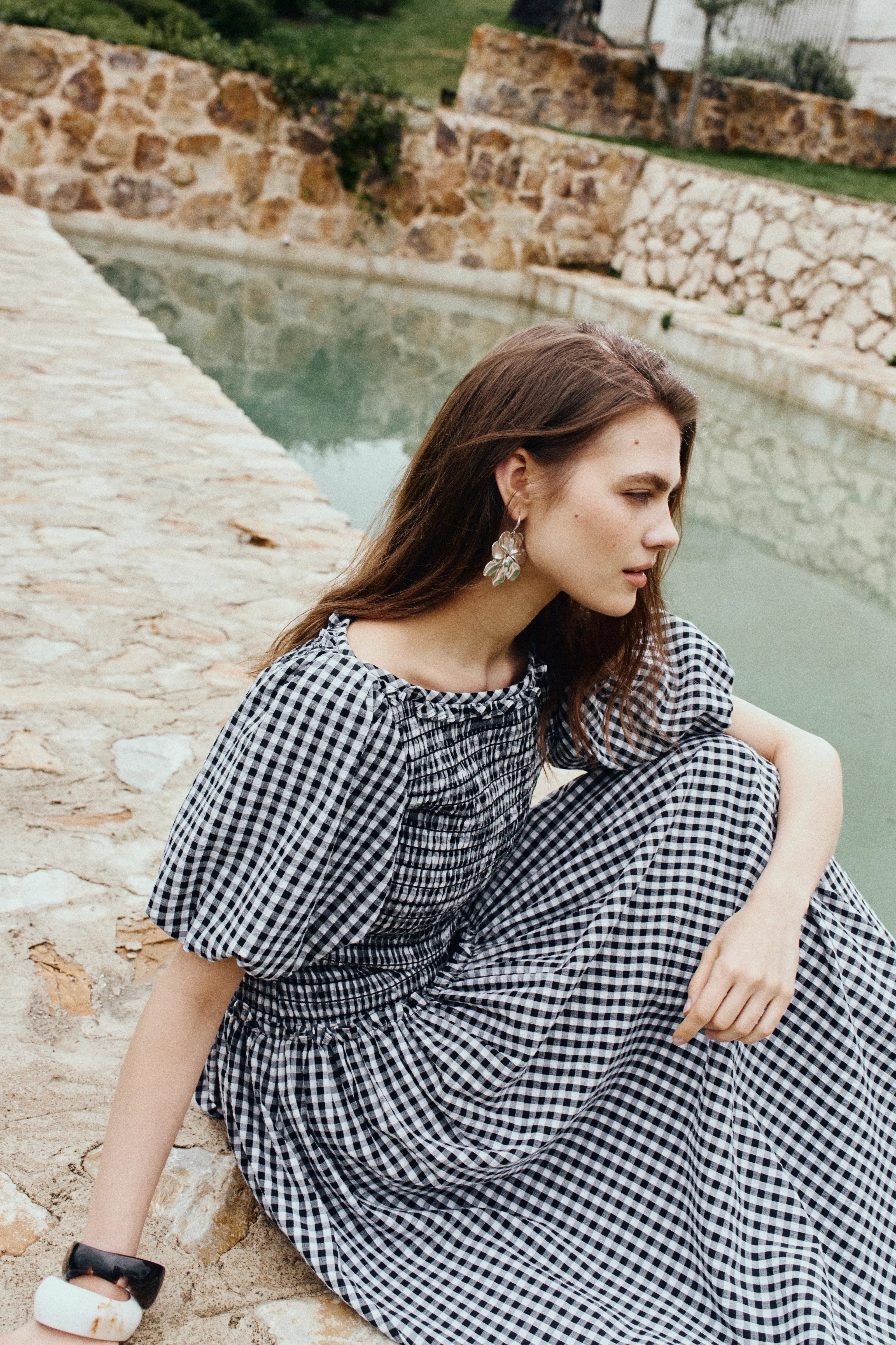 Vivinea Gingham Smocked Puff-Sleeve Dress in Cotton S