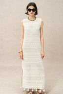 Sibilla Maxikleid mit Mehrfach-Stickerei und Häkelarbeit aus Baumwollstrick