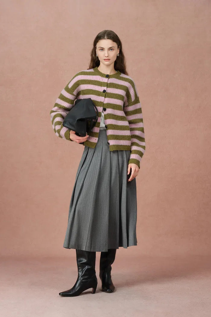 Valentina Balloon Sleeve Striped Cardigan in Merino Wool Knit