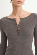 Emily Grey Henley Collar Fitted Short Dress in Merino Wool Knit