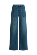 Carrie Front Pocket Washed Blue Straight Jeans in Cotton Denim