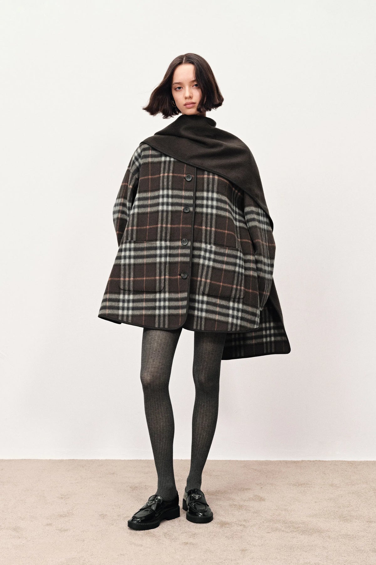 PPFM wool/nylon double face coat 裏チェック Cecilia Reversible Tartan Check Double Face Short Coat in Wool