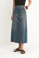 Mariette Asymmetrical Placket Maxi Skirt in Cotton Denim