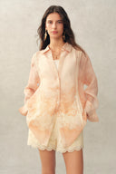 Celeste Handpainted Floral Loose Shirt in Silk Linen Organza