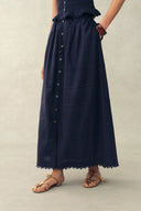 Siena Smocked Tie Front Bandeau Top and Maxi Skirt Set in Linen Blend-Dark Blue