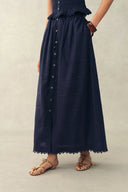 Siena Smocked Tie Front Bandeau Top and Maxi Skirt Set in Linen Blend-Dark Blue