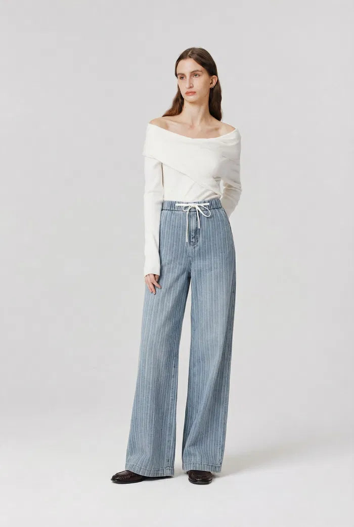 Olive Elastic Waist Straight Jeans in Striped Cotton Denim