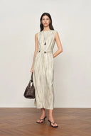 Felicia Handwork Draping Textured Stripe Sleeveless Dress in Linen Blend