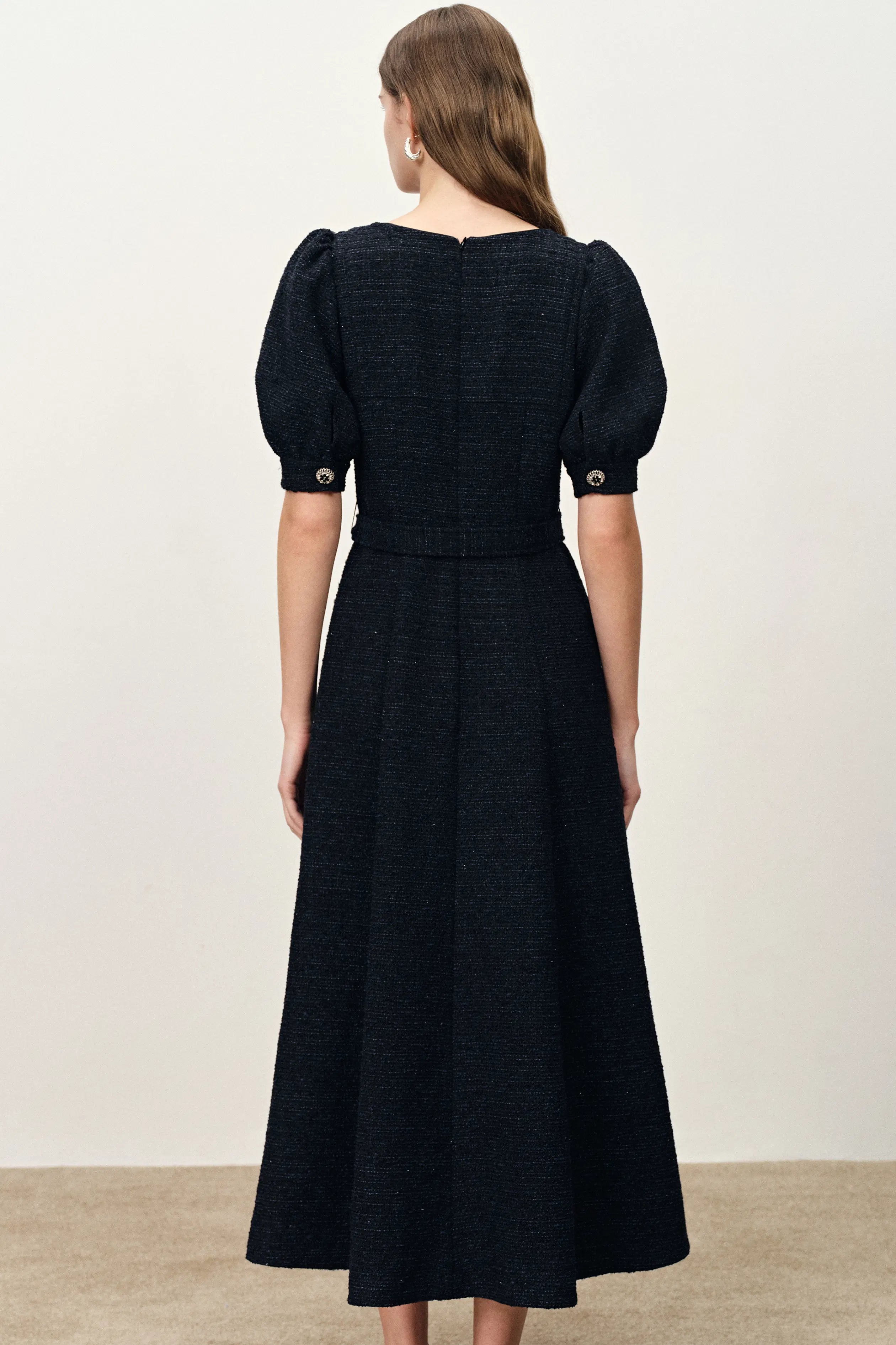 Sofia Puffy Sleeves Maxi Dress in Lightweight Tweed Blend