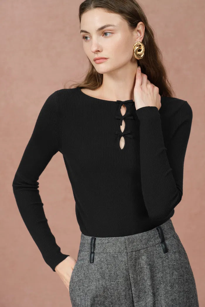 Eden Bow Tie Fitted Top in Merino Wool with Stretch Knit