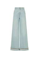 Nîmes Bestickte Jeans mit weitem Bein aus Baumwoll-Denim