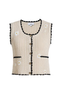 Azores Hand Embroidered Daisy Applique Crochet Top in Cotton Linen Blend