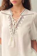 Becky Cross Stitch Tie Front Short Sleeve Shirt and Shorts Set in Linen Blend