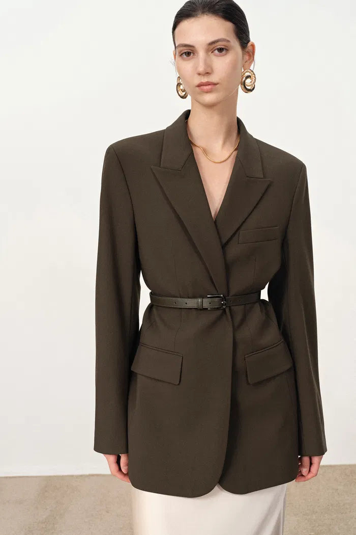 Nellie Leather Belted Blazer in Fine Wool Blend