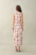 Alice Handpainted Floral Bias Cut Ruffed Sleeveless Dress in Crinkle Gauze