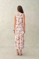 Alice Handpainted Floral Bias Cut Ruffed Sleeveless Dress in Crinkle Gauze