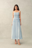 Cirra Smocked Ruffle Trim Striped Sleeveless Cami Dress in Sheer Fabric
