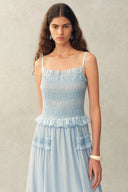 Cirra Smocked Ruffle Trim Striped Sleeveless Cami Dress in Sheer Fabric