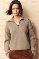 Claire Contrast Trim Polo Sweater in Oatmeal Wool