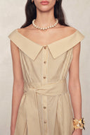 Claudia Striped Off Shoulder Collared Belted Sleeveless Shirt Dress in Cotton