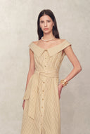 Claudia Striped Off Shoulder Collared Belted Sleeveless Shirt Dress in Cotton