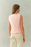 Cloris 3D Floral Neckline Sleeveless Vest Top in Silk Wool Satin