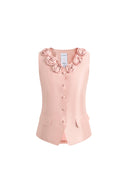 Cloris 3D Floral Neckline Sleeveless Vest Top in Silk Wool Satin