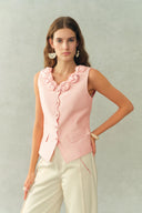 Cloris 3D Floral Neckline Sleeveless Vest Top in Silk Wool Satin