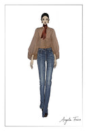 Illustrated woman wearing high rise washed denim flare jeans with slit hems and flap pockets