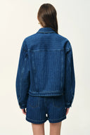 Colette Striped Washed Blue Patch Pocket Jacket in Herringbone Denim
