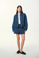 Colette Striped Washed Blue Patch Pocket Jacket in Herringbone Denim