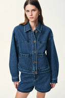 Colette Striped Washed Blue Patch Pocket Jacket in Herringbone Denim