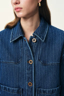 Colette Striped Washed Blue Patch Pocket Jacket in Herringbone Denim