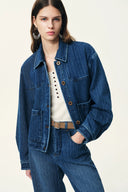 Colette Striped Washed Blue Patch Pocket Jacket in Herringbone Denim