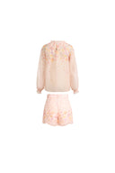 Conjunto de blusa y shorts Lillian con bordado floral pintado a mano, estampado ombré transparente en organza de seda y lino