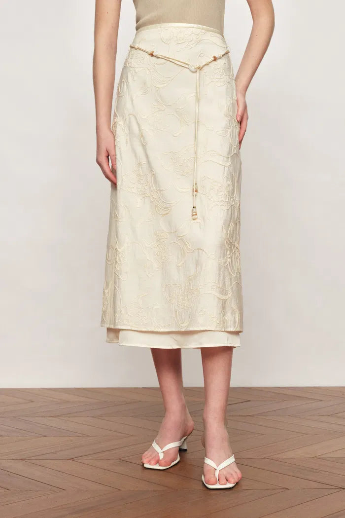 Korin Koi Embroidered Tie-Waist Skirt in Cotton and Wool