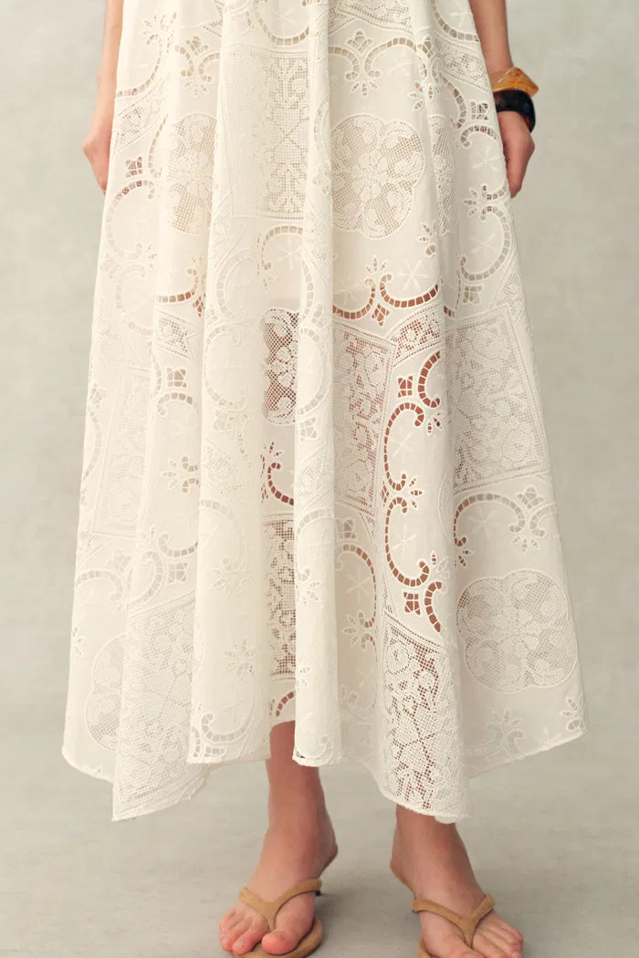 Nellie Cutwork Embroidered Scarf Tie Layered Sleeveless Dress in 100% Cotton with Lace M Nellie Cutwork Embroidered Scarf Tie Layered Sleeveless Dress in 100% Cotton with Lace M