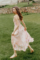 Lilac Handpainted Floral Smocked Belted Strap Dress in Silk Linen Organza