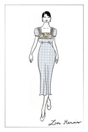 Gisele Lace Panel Checkered Square Neck Puff Sleeve Dress in Cotton