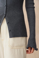 Katia Beige Wavy Cuff Fitted Collared Cardigan in Stretchy Merino Wool Cable Knit