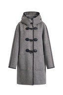 Vivien Horn Button Hooded Coat in Herringbone Wool Camel Down