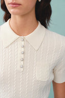 Gracia Witte Polo Top in Hoog Elastische Tricot
