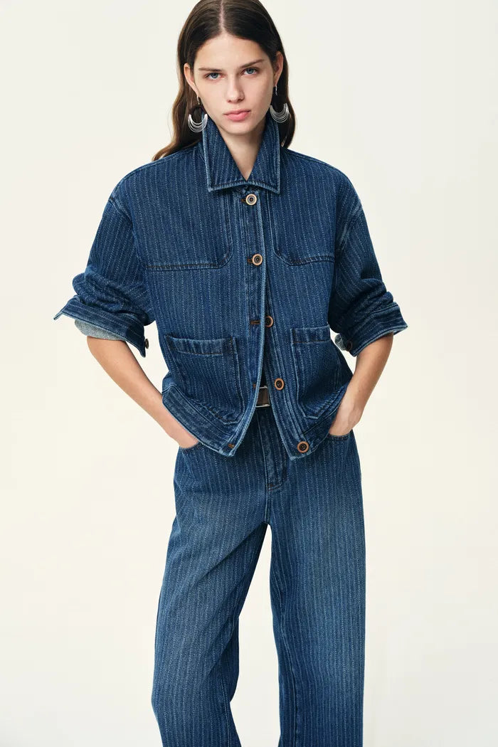 Colette Striped Washed Blue Patch Pocket Jacket and Jeans Matching Set in Herringbone Denim