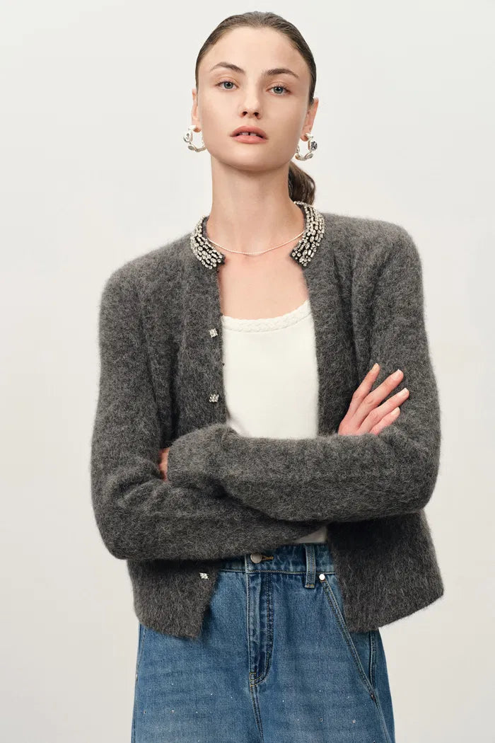 Jinelle Embellished Collar Cardigan in Alpaca Blend Knit
