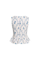 Elara Pleated Floral Square Neck Pearl Button Sleeveless Top in Linen Blend