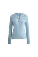 Top Mika Azul de Manga Larga con Cuello Henley en Punto de Lana Merino