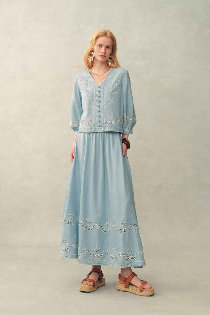 Marmont Pin Tuck Embroidery Blouse and Skirt Matching Set in Tencel Denim