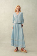 Marmont Pin Tuck Embroidery Blouse and Skirt Matching Set in Tencel Denim